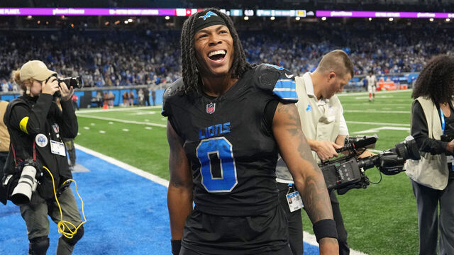 DETROIT, MICHIGAN - NOVEMBER 23: Jahmyr Gibbs #0 of the Detroit Lions celebrates after beating the New York Giants 34-27 in overtime at Ford Field on November 23, 2025 in Detroit, Michigan.