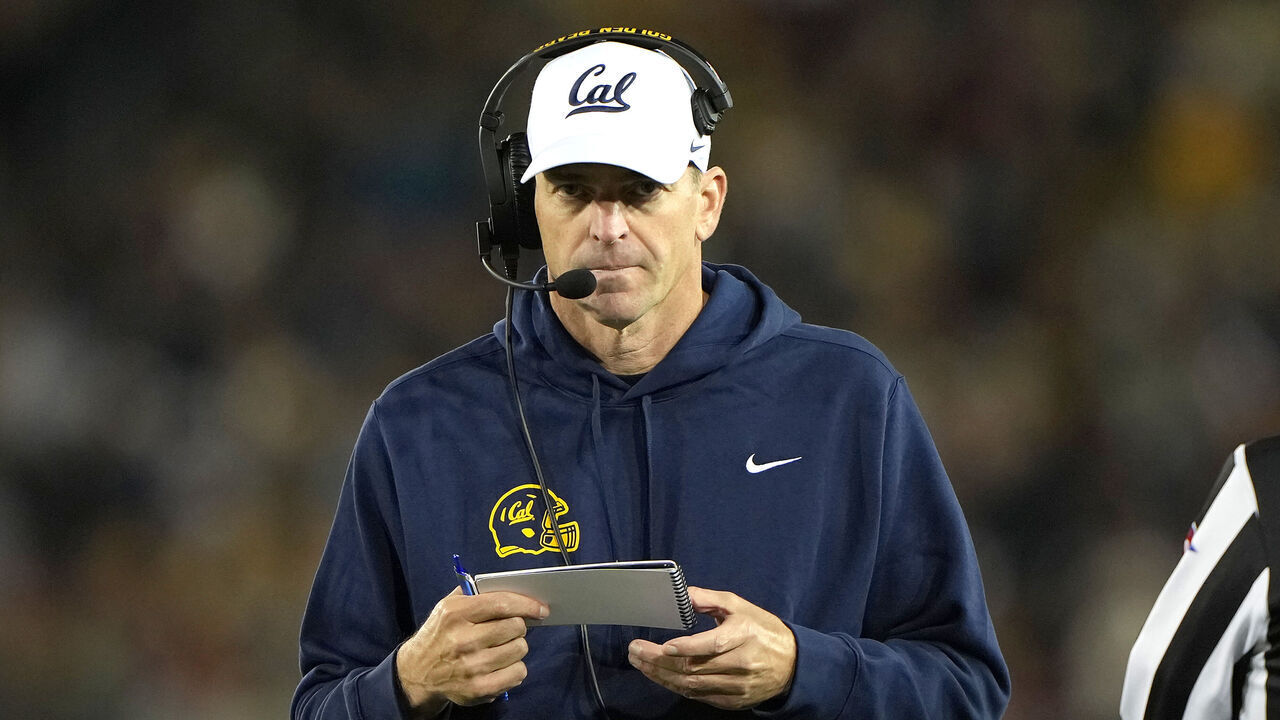 STANFORD, CALIFORNIA - NOVEMBER 22: Head coach Justin Wilcox of the California Golden Bears looks on against the Stanford Cardinal in the second quarter at Stanford Stadium on November 22, 2025 in Stanford, California.