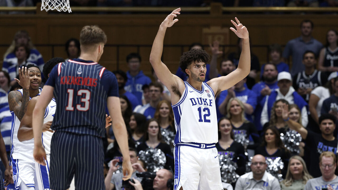 DURHAM, NORTH CAROLINA - NOVEMBER 23: Cameron Boozer #12 of the Duke Blue Devils reacts after being called for a foul in the second half against the Howard Bison at Cameron Indoor Stadium on November 23, 2025 in Durham, North Carolina.