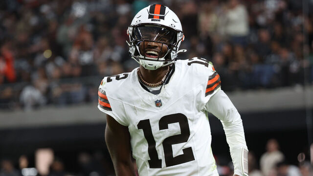 LAS VEGAS, NEVADA - NOVEMBER 23: Shedeur Sanders #12 of the Cleveland Browns reacts to a touchdown in the fourth quarter against the Las Vegas Raiders at Allegiant Stadium on November 23, 2025 in Las Vegas, Nevada.