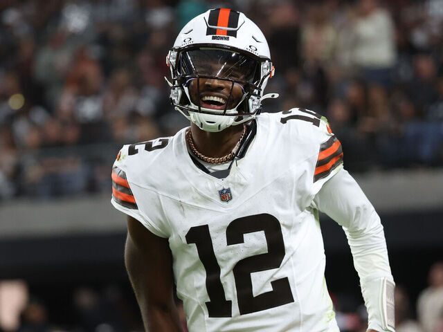LAS VEGAS, NEVADA - NOVEMBER 23: Shedeur Sanders #12 of the Cleveland Browns reacts to a touchdown in the fourth quarter against the Las Vegas Raiders at Allegiant Stadium on November 23, 2025 in Las Vegas, Nevada.