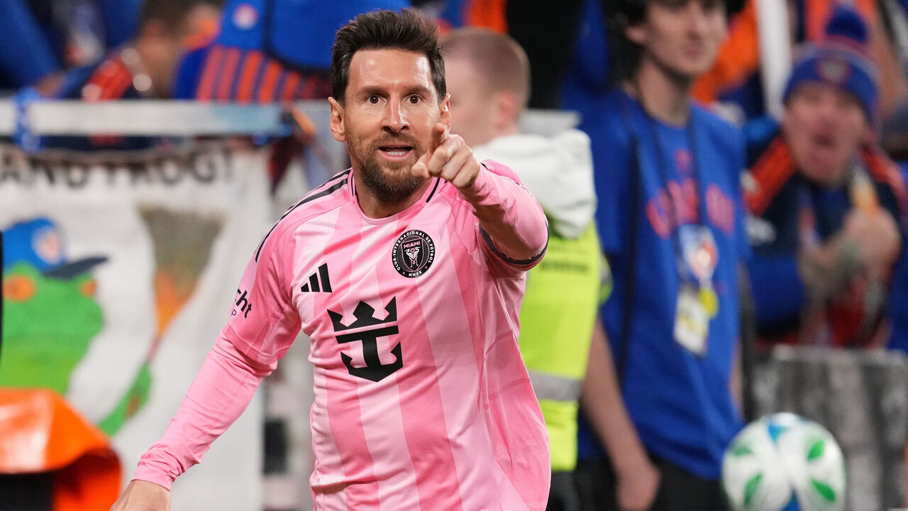 CINCINNATI, OHIO - NOVEMBER 23: Lionel Messi #10 of Inter Miami CF celebrates after scoring the team's first goal during the Conference Semifinal match between FC Cincinnati and Inter Miami FC as part of the 2025 MLS Cup Playoffs at TQL Stadium on November 23, 2025 in Cincinnati, Ohio.