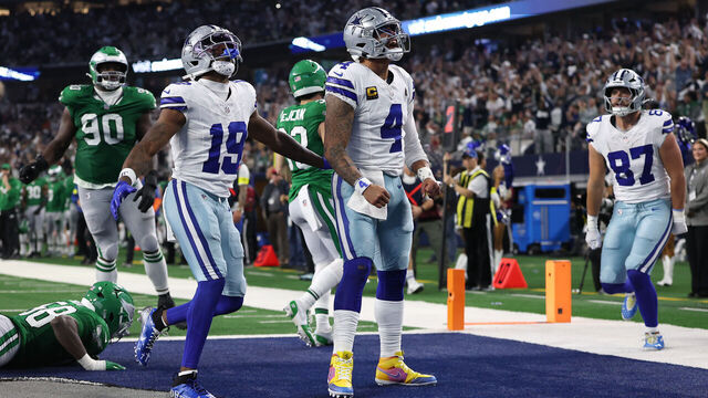 ARLINGTON, TEXAS - NOVEMBER 23: Dak Prescott #4 of the Dallas Cowboys reacts to a touchdown in the fourth quarter against the Philadelphia Eagles at AT&T Stadium on November 23, 2025 in Arlington, Texas.