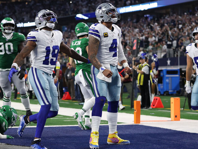 ARLINGTON, TEXAS - NOVEMBER 23: Dak Prescott #4 of the Dallas Cowboys reacts to a touchdown in the fourth quarter against the Philadelphia Eagles at AT&T Stadium on November 23, 2025 in Arlington, Texas.