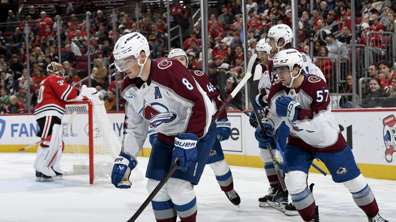 CHICAGO, ILLINOIS - NOVEMBER 23: Cale Makar #8 of the Colorado Avalanche skates away from teammates after scoring against the Chicago Blackhawks in the second period at the United Center on November 23, 2025 in Chicago, Illinois.