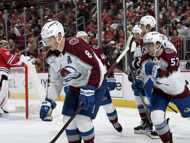 CHICAGO, ILLINOIS - NOVEMBER 23: Cale Makar #8 of the Colorado Avalanche skates away from teammates after scoring against the Chicago Blackhawks in the second period at the United Center on November 23, 2025 in Chicago, Illinois.
