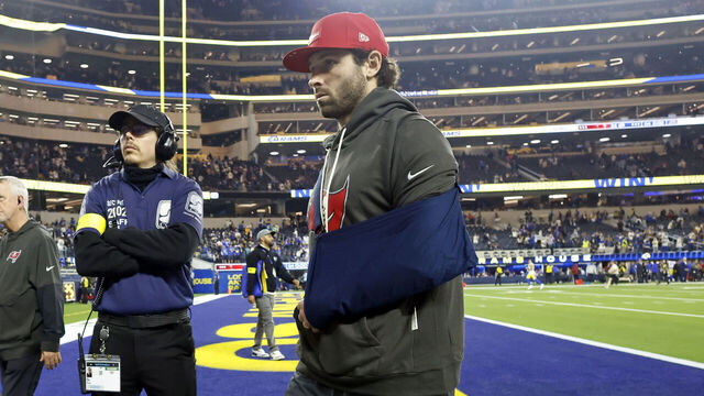 INGLEWOOD, CALIFORNIA - NOVEMBER 23: Baker Mayfield #6 of the Tampa Bay Buccaneers leaves the field after his team was defeated by the Los Angeles Rams in the game at SoFi Stadium on November 23, 2025 in Inglewood, California.