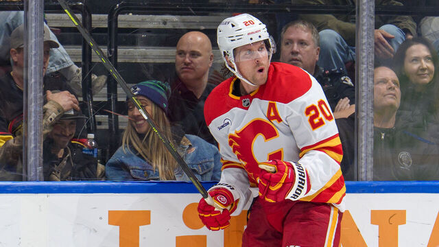 VANCOUVER, CANADA - NOVEMBER 23:Blake Coleman #20 of the Calgary Flames celebrates his goal during the third period of their NHL game against the Vancouver Canucks at Rogers Arena on November 23, 2025 in Vancouver, British Columbia, Canada.