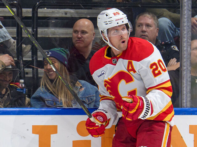 VANCOUVER, CANADA - NOVEMBER 23:Blake Coleman #20 of the Calgary Flames celebrates his goal during the third period of their NHL game against the Vancouver Canucks at Rogers Arena on November 23, 2025 in Vancouver, British Columbia, Canada.