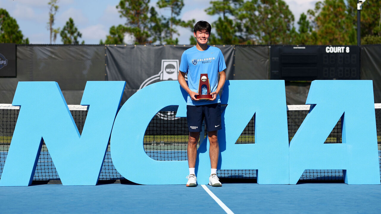 ORLANDO, FLORIDA - NOVEMBER 23: Michael Zheng of the Columbia Lions reacts after winning the singles championship over Trevor Svajda of the SMU Mustangs during the Division I Men's Singles and Doubles Tennis Championships held at the USTA National Campus on November 23, 2025 in Orlando, Florida.