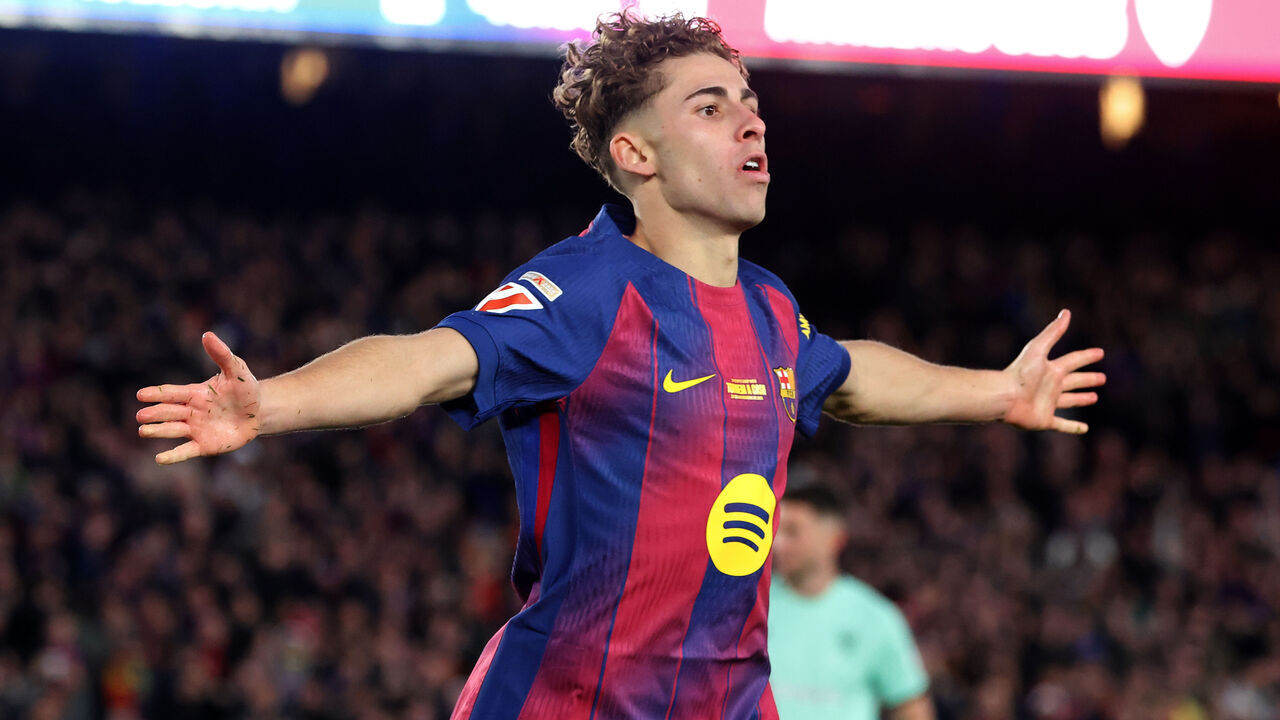 Fermin Lopez celebrates during the match between FC Barcelona and Athletic Club, corresponding to week 13 of LaLiga EA Sports, played at the Spotify Camp Nou, in Barcelona, Spain, on November 22, 2025.