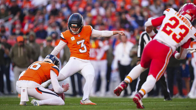 DENVER, CO - NOVEMBER 16: Wil Lutz #3 of the Denver Broncos kicks for a field goal during an NFL football game against the Kansas City Chiefs at Empower Field at Mile High on November 16, 2025 in Denver, Colorado.