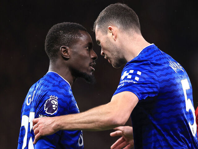 MANCHESTER, ENGLAND - NOVEMBER 24: Idrissa Gueye of Everton clashes with teammate Michael Keane resulting in a red card for Gueye during the Premier League match between Manchester United and Everton at Old Trafford on November 24, 2025 in Manchester, England.