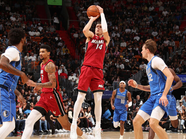 MIAMI, FL - NOVEMBER 24: Tyler Herro #14 of the Miami Heat shoots the ball during the game against the Dallas Mavericks on November 24, 2025 at Kaseya Center in Miami, Florida. Mandatory Copyright Notice: Copyright 2025 NBAE