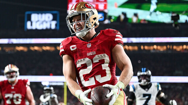 SANTA CLARA, CALIFORNIA - NOVEMBER 24: Christian McCaffrey #23 of the San Francisco 49ers runs into the end zone for a touchdown in the third quarter of the game against the Carolina Panthers at Levi's Stadium on November 24, 2025 in Santa Clara, California.