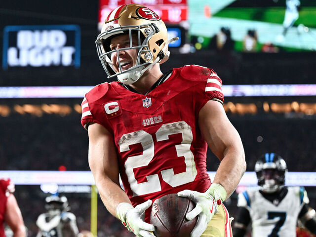 SANTA CLARA, CALIFORNIA - NOVEMBER 24: Christian McCaffrey #23 of the San Francisco 49ers runs into the end zone for a touchdown in the third quarter of the game against the Carolina Panthers at Levi's Stadium on November 24, 2025 in Santa Clara, California.