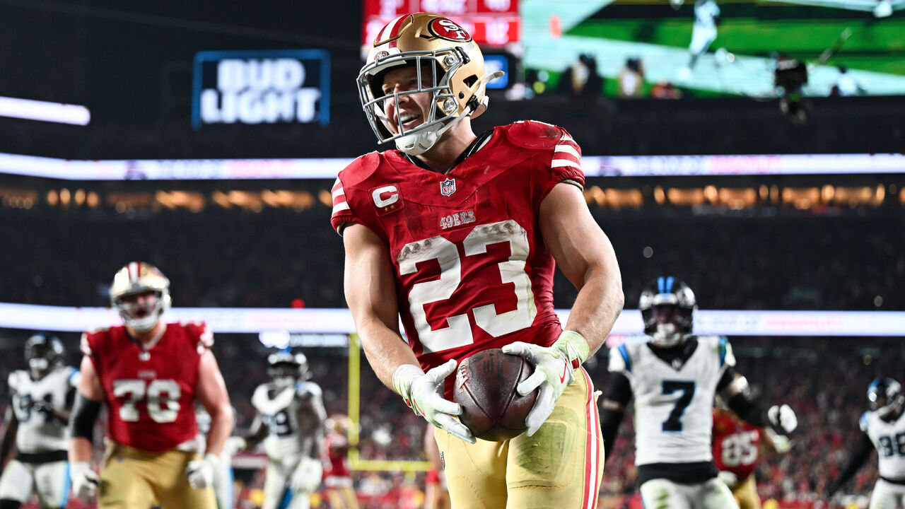 SANTA CLARA, CALIFORNIA - NOVEMBER 24: Christian McCaffrey #23 of the San Francisco 49ers runs into the end zone for a touchdown in the third quarter of the game against the Carolina Panthers at Levi's Stadium on November 24, 2025 in Santa Clara, California.