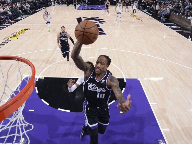 SACRAMENTO, CA - NOVEMBER 24: DeMar DeRozan #10 of the Sacramento Kings drives to the basket during the game against the Minnesota Timberwolves on November 24, 2025 at Golden 1 Center in Sacramento, California. Mandatory Copyright Notice: Copyright 2025 NBAE