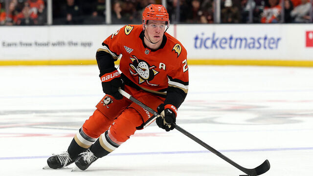 ANAHEIM, CALIFORNIA - NOVEMBER 09: Jackson Lacombe #2 of the Anaheim Ducks skates with the puck against the Winnipeg Jets at Honda Center on November 09, 2025 in Anaheim, California.