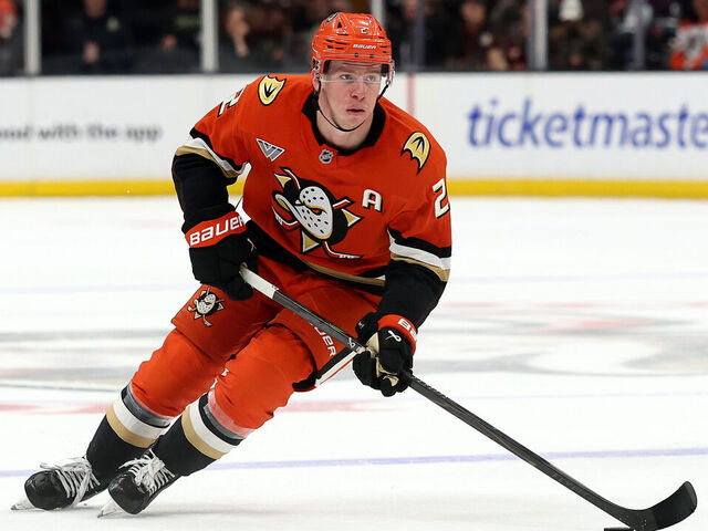 ANAHEIM, CALIFORNIA - NOVEMBER 09: Jackson Lacombe #2 of the Anaheim Ducks skates with the puck against the Winnipeg Jets at Honda Center on November 09, 2025 in Anaheim, California.