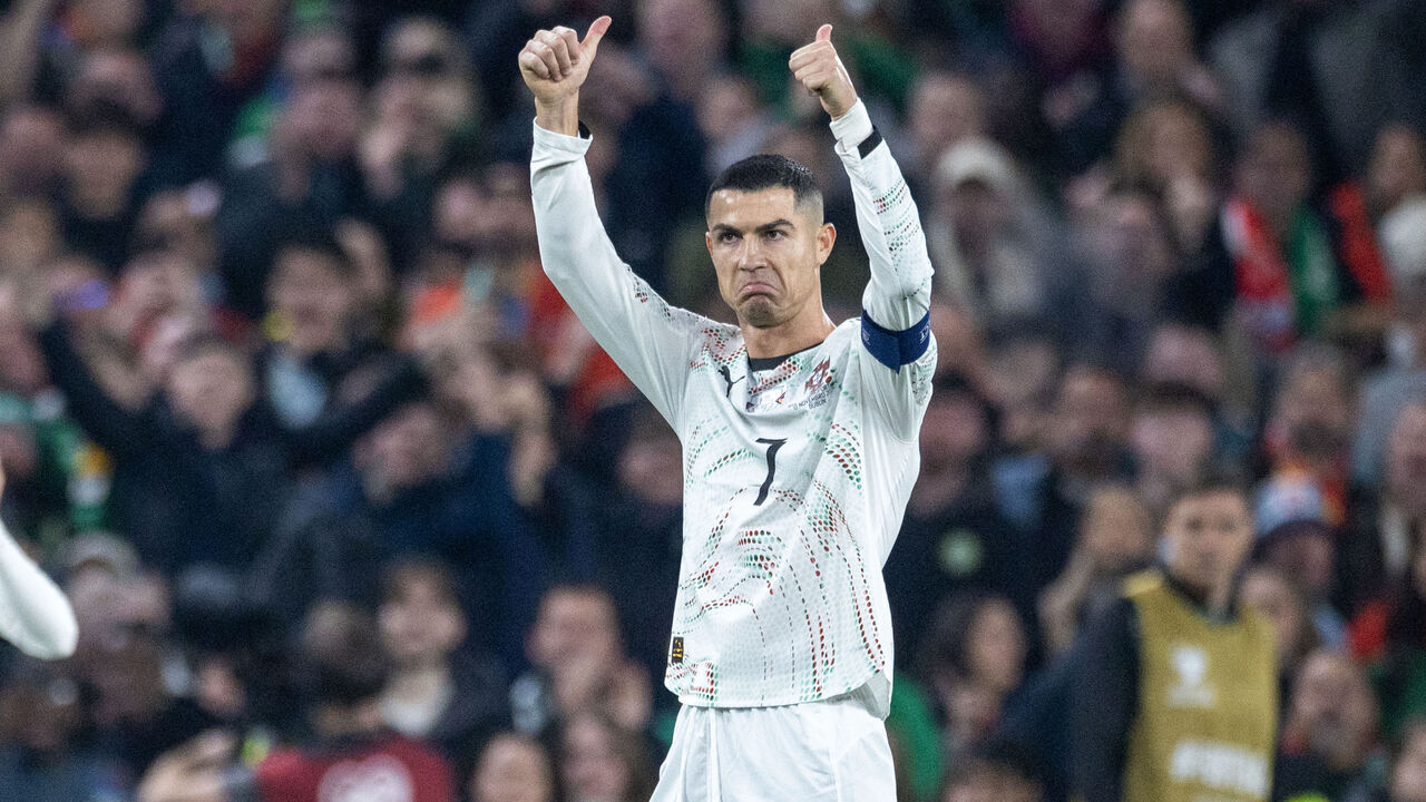 DUBLIN, IRELAND: NOVEMBER 13: Cristiano Ronaldo #7 of Portugal reacts to the crowd after receiving a red card during the Republic of Ireland V Portugal, 2026 World Cup Qualifying - UEFA, Group Stage match at Aviva Stadium on November 13th, 2025, in Dublin, Ireland.