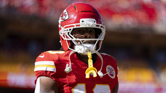 KANSAS CITY, MISSOURI - OCTOBER 19: Isiah Pacheco #10 of the Kansas City Chiefs looks on prior to an NFL football game against the Las Vegas Raiders at GEHA Field at Arrowhead Stadium on October 19, 2025 in Kansas City, Missouri.