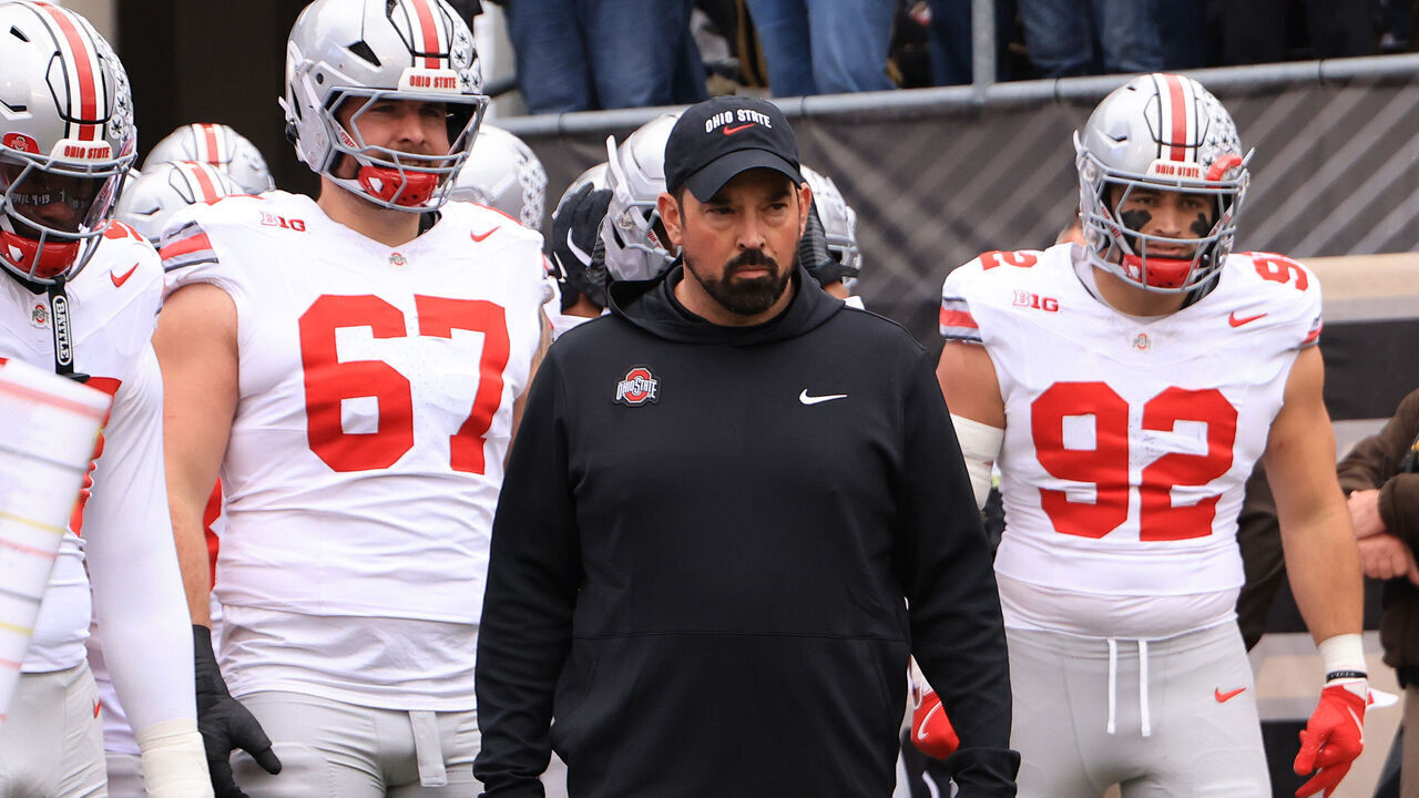 WEST LAFAYETTE, INDIANA - NOVEMBER 08: Head coach Ryan Day of the Ohio State Buckeyes waits to take the field prior to the game against the Purdue Boilermakers at Ross-Ade Stadium on November 08, 2025 in West Lafayette, Indiana.