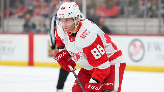 NEWARK, NEW JERSEY - NOVEMBER 24: Patrick Kane #88 of the Detroit Red Wings looks on during the third period of the NHL game against the New Jersey Devils at Prudential Center on November 24, 2025 in Newark, New Jersey.