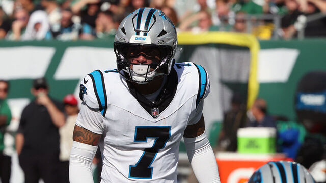 EAST RUTHERFORD, NEW JERSEY - OCTOBER 19: Safety Tre'von Moehrig #7 of the Carolina Panthers follows the action during the NFL 2025 game between Carolina Panthers and New York Jets at MetLife Stadium on October 19, 2025 in East Rutherford, New Jersey.