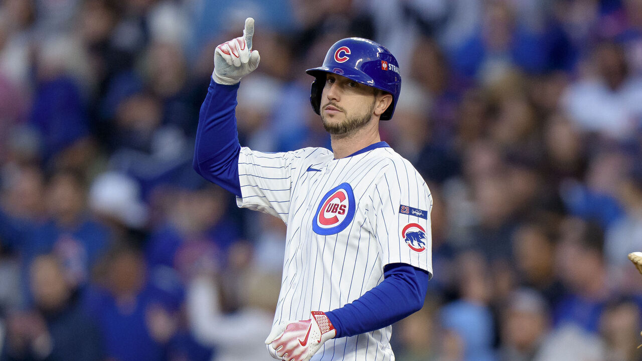CHICAGO, ILLINOIS - OCTOBER 8: Kyle Tucker #30 of the Chicago Cubs celebrates a hit in Game Three of the National League Division Series against the Milwaukee Brewers at Wrigley Field on October 8, 2025 in Chicago, Illinois.