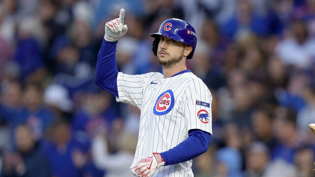CHICAGO, ILLINOIS - OCTOBER 8: Kyle Tucker #30 of the Chicago Cubs celebrates a hit in Game Three of the National League Division Series against the Milwaukee Brewers at Wrigley Field on October 8, 2025 in Chicago, Illinois.