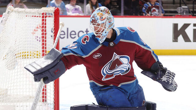 DENVER, COLORADO - NOVEMBER 11: Goaltender Scott Wedgewood #41 of the Colorado Avalanche defends against the Anaheim Ducks at Ball Arena on November 11, 2025 in Denver, Colorado.