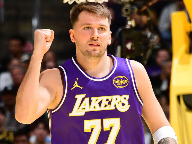 LOS ANGELES, CA - NOVEMBER 25: Luka Doncic #77 of the Los Angeles Lakers reacts during the game against the LA Clippers during the 2025-26 Emirates Cup on November 25, 2025 at Crypto.Com Arena in Los Angeles, California. NOTE TO USER: User expressly acknowledges and agrees that, by downloading and/or using this Photograph, user is consenting to the terms and conditions of the Getty Images License Agreement. Mandatory Copyright Notice: Copyright 2025 NBAE