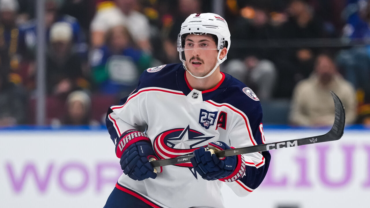 VANCOUVER, CANADA - NOVEMBER 8: Zach Werenski #8 of the Columbus Blue Jackets skates during the first period of their NHL game against the Vancouver Canucks at Rogers Arena on November 8, 2025 in Vancouver, British Columbia, Canada.