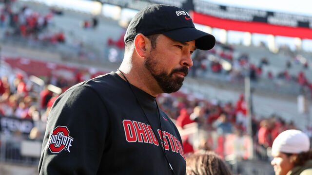 COLUMBUS, OH - NOVEMBER 22: Ohio State Buckeyes head coach Ryan Day walks onto the field before the game against the Rutgers Scarlet Knights and the Ohio State Buckeyes on November 22, 2025, at Ohio Stadium in Columbus, OH.