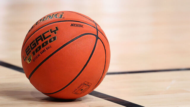 BROOKLYN, NY - MARCH 14: A general view of the Spalding game ball on the court during the Atlantic 10 basketball tournament quarterfinal game on March 14, 2024 at Barclays Center in Brooklyn, New York.