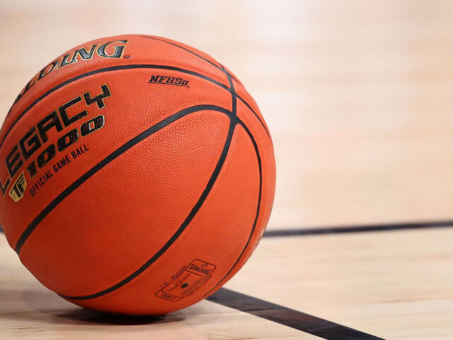 BROOKLYN, NY - MARCH 14: A general view of the Spalding game ball on the court during the Atlantic 10 basketball tournament quarterfinal game on March 14, 2024 at Barclays Center in Brooklyn, New York.