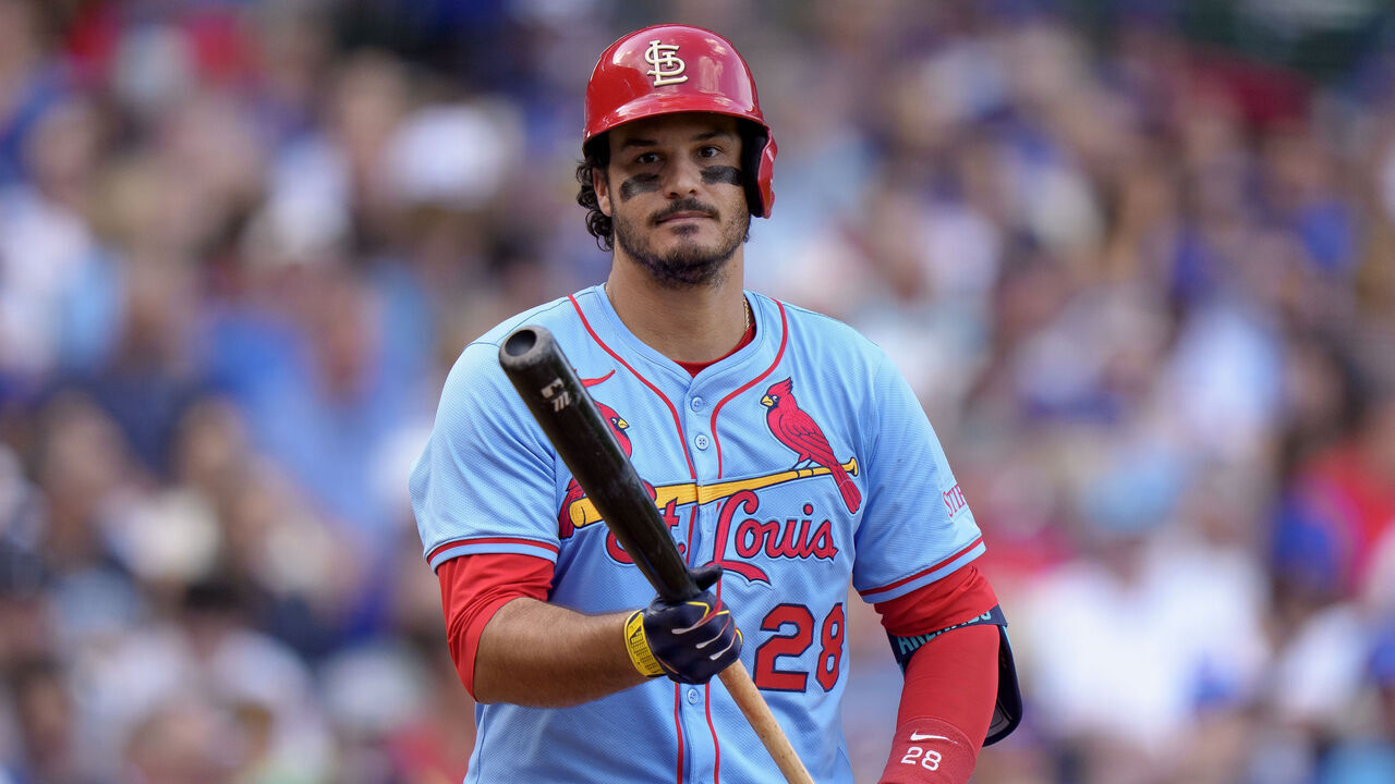 CHICAGO, ILLINOIS - SEPTEMBER 27: Nolan Arenado #28 of the St Louis Cardinals bats in a game against the Chicago Cubs at Wrigley Field on September 27, 2025 in Chicago, Illinois.