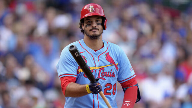 CHICAGO, ILLINOIS - SEPTEMBER 27: Nolan Arenado #28 of the St Louis Cardinals bats in a game against the Chicago Cubs at Wrigley Field on September 27, 2025 in Chicago, Illinois.