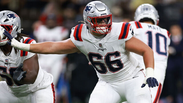 NEW ORLEANS, LOUISIANA - OCTOBER 12: Will Campbell #66 of the New England Patriots blocks for Drake Maye #10 during the NFL 2025 game against the New Orleans Saints at Caesars Superdome on October 12, 2025 in New Orleans, Louisiana.""