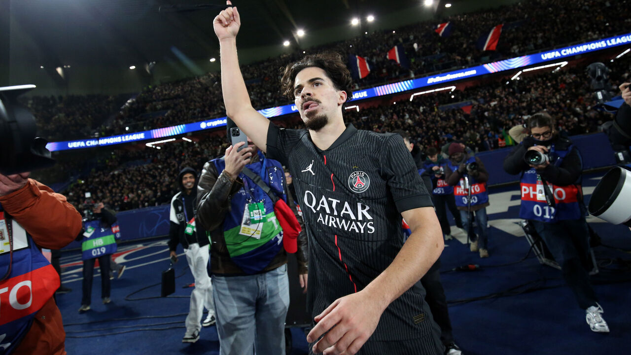 PARIS, FRANCE - NOVEMBER 26: Vitinha of PSG celebrates his third goal during the UEFA Champions League 2025/26 League Phase MD5 match between Paris Saint-Germain and Tottenham Hotspur at Parc des Princes on November 26, 2025 in Paris, France.