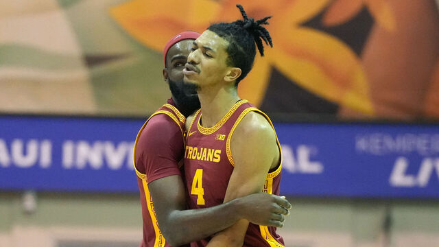 LAHAINA, HAWAII - NOVEMBER 26: Amarion Dickerson #3 of the Southern California Trojans calms down Chad Baker-Mazara #4 after getting called for technical foul in the first half during the Championship of the Southwest Maui Invitational against the Arizona State Sun Devils at the Lahaina Center on November 26, 2025 in Lahaina, Hawaii.