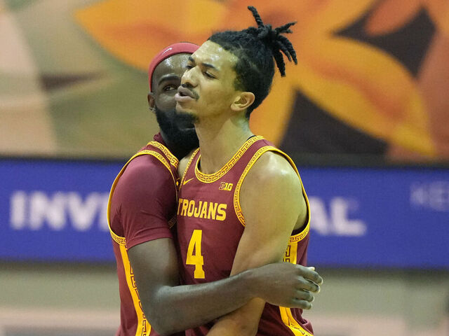 LAHAINA, HAWAII - NOVEMBER 26: Amarion Dickerson #3 of the Southern California Trojans calms down Chad Baker-Mazara #4 after getting called for technical foul in the first half during the Championship of the Southwest Maui Invitational against the Arizona State Sun Devils at the Lahaina Center on November 26, 2025 in Lahaina, Hawaii.