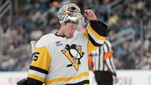 SAN JOSE, CALIFORNIA - OCTOBER 18: Goalie Tristan Jarry #35 of the Pittsburgh Penguins looks on against the San Jose Sharks in the second period of an NHL hockey game at SAP Center on October 18, 2025 in San Jose, California.