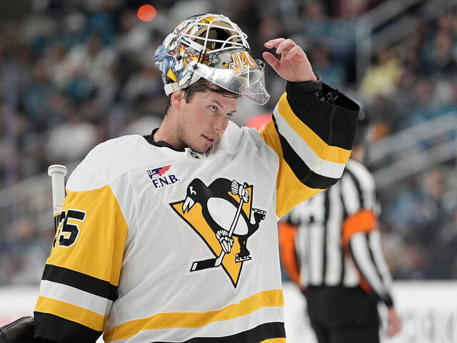 SAN JOSE, CALIFORNIA - OCTOBER 18: Goalie Tristan Jarry #35 of the Pittsburgh Penguins looks on against the San Jose Sharks in the second period of an NHL hockey game at SAP Center on October 18, 2025 in San Jose, California.