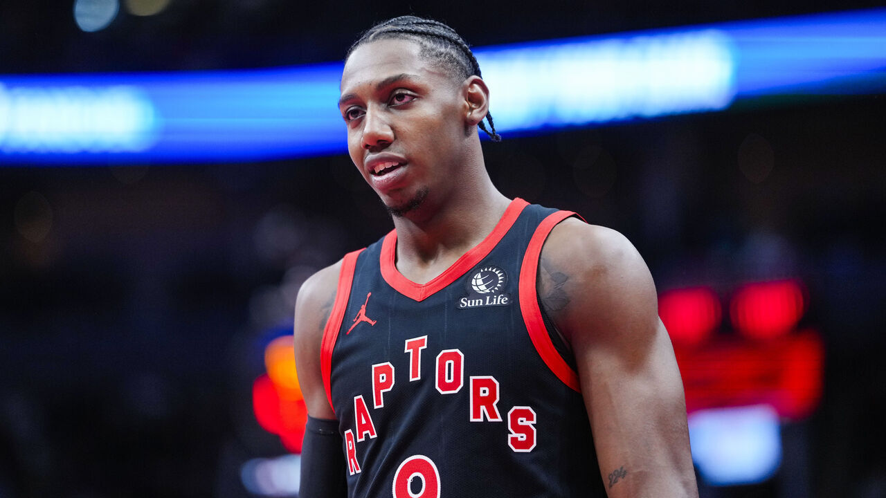 TORONTO, CANADA - NOVEMBER 21: RJ Barrett #9 of the Toronto Raptors looks on against the Washington Wizards during the second half of their basketball game at the Scotiabank Arena on November 21, 2025 in Toronto, Ontario, Canada. NOTE TO USER: User expressly acknowledges and agrees that, by downloading and/or using this Photograph, user is consenting to the terms and conditions of the Getty Images License Agreement.