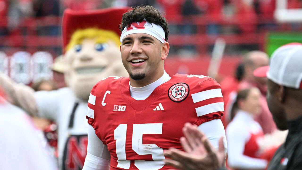 LINCOLN, NEBRASKA - OCTOBER 25: Dylan Raiola #15 of the Nebraska Cornhuskers celebrates the win against the Northwestern Wildcats during the second half at Memorial Stadium on October 25, 2025 in Lincoln, Nebraska.