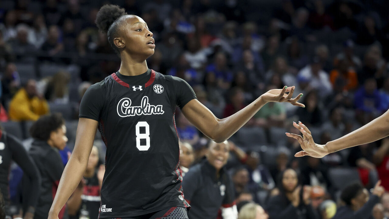 LAS VEGAS, NEVADA - NOVEMBER 26: Joyce Edwards #8 of the South Carolina Gamecocks high fives a teammate after a turnover by the Duke Blue Devilsduring the second quarter of a Players Era Championship basketball tournament game at Michelob ULTRA Arena on November 26, 2025 in Las Vegas, Nevada.