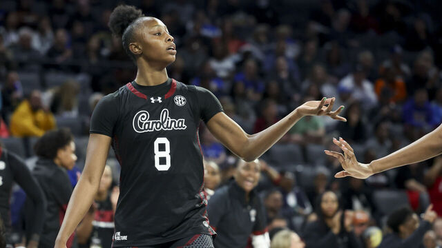 LAS VEGAS, NEVADA - NOVEMBER 26: Joyce Edwards #8 of the South Carolina Gamecocks high fives a teammate after a turnover by the Duke Blue Devilsduring the second quarter of a Players Era Championship basketball tournament game at Michelob ULTRA Arena on November 26, 2025 in Las Vegas, Nevada.