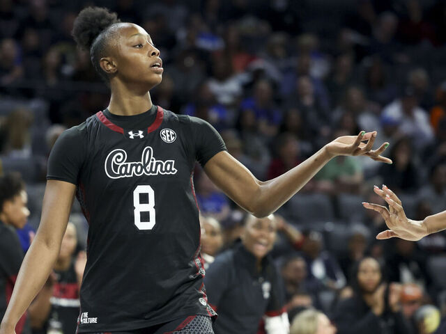 LAS VEGAS, NEVADA - NOVEMBER 26: Joyce Edwards #8 of the South Carolina Gamecocks high fives a teammate after a turnover by the Duke Blue Devilsduring the second quarter of a Players Era Championship basketball tournament game at Michelob ULTRA Arena on November 26, 2025 in Las Vegas, Nevada.